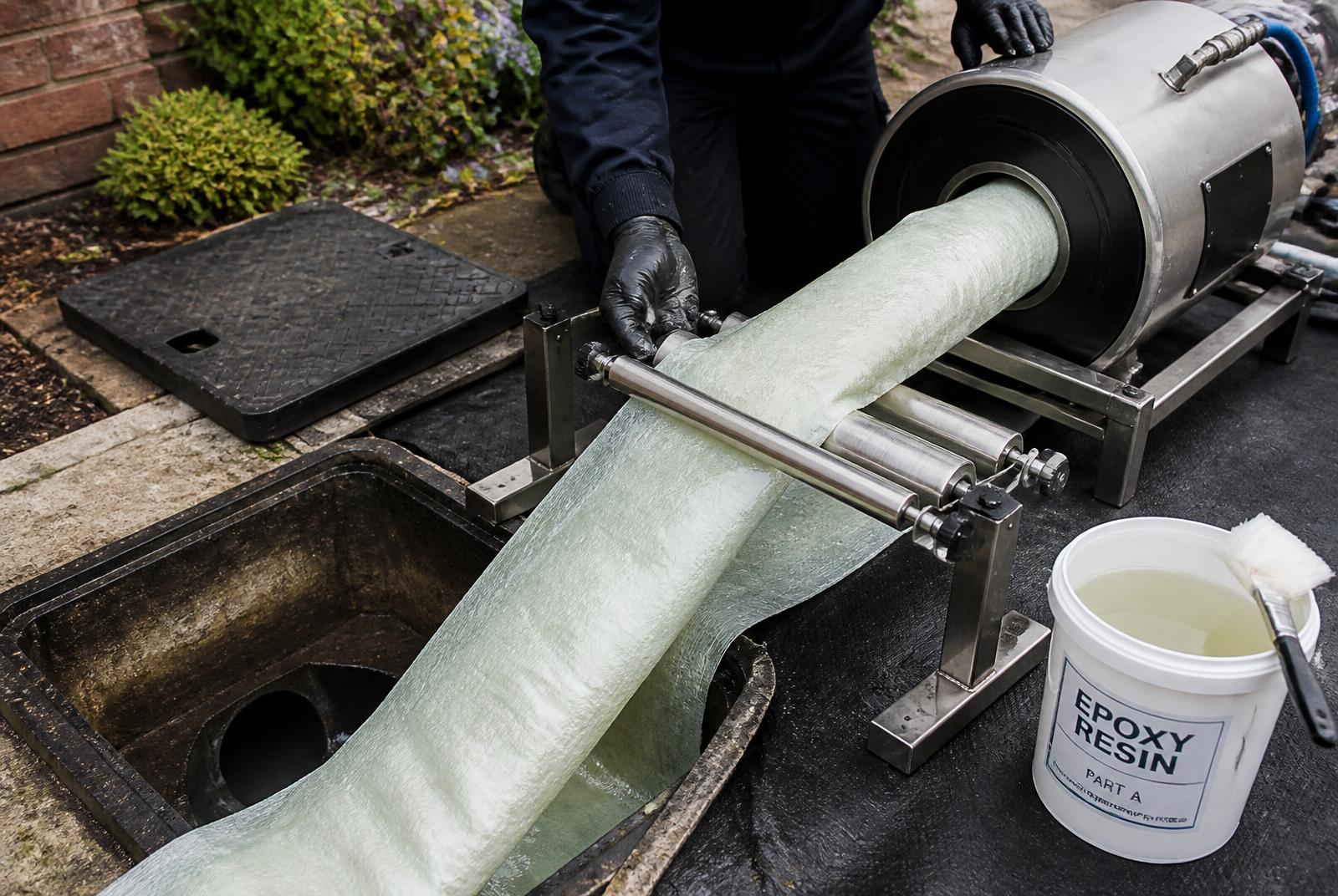 Resin-impregnated drain liner being prepared beside an open inspection chamber at a residential property